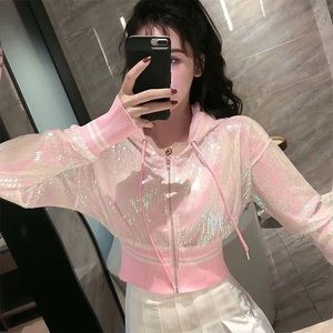 Sequin hoodie bomber jacket shiny sparkle pink black white stripe sporty womens